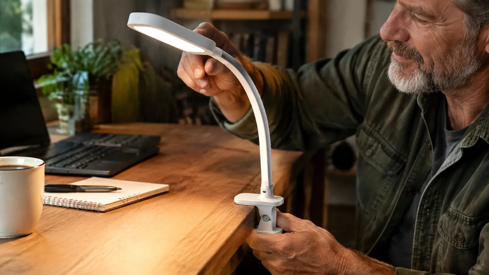 Hand adjusting a clamp-on LED desk lamp on a desk so it points at a notebook next to a keyboard.