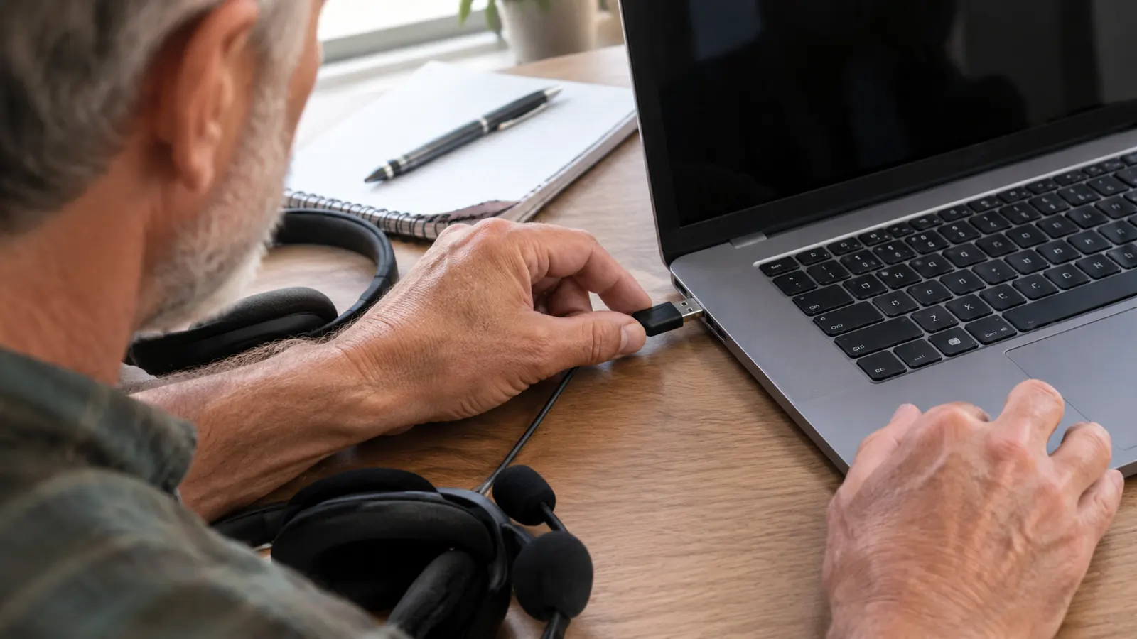 Hands plugging a wired USB headset into a laptop port on a desk