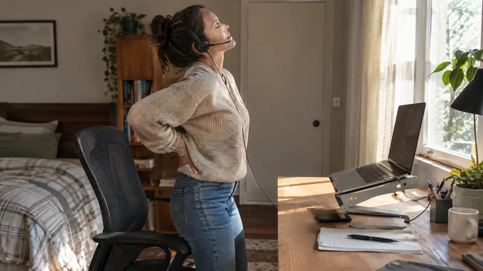 A person standing by a desk, stretching while wearing a wired headset and continuing a video call