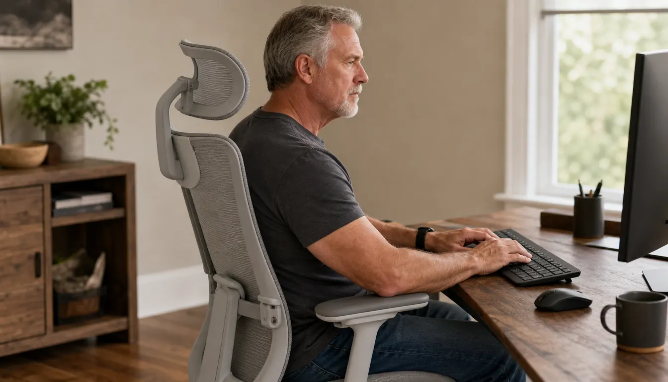 Person seated in an office chair at a desk, typing on a keyboard, seen from a three-quarter side angle.
