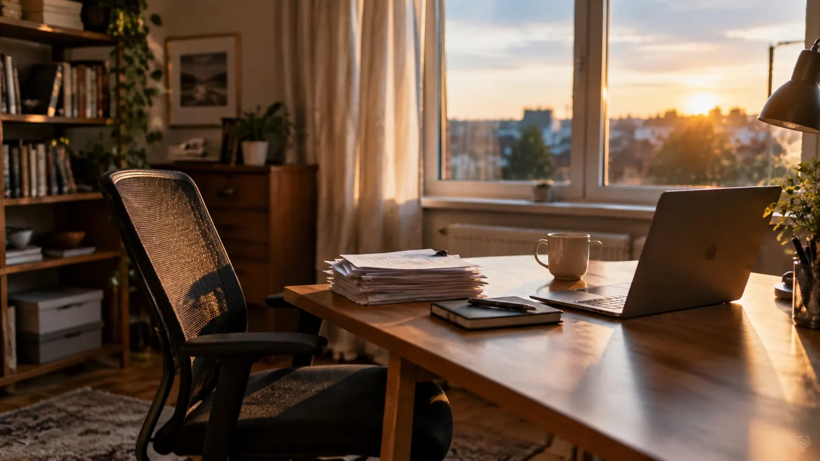 Home office corner with a desk, chair, and stack of papers in late afternoon light.