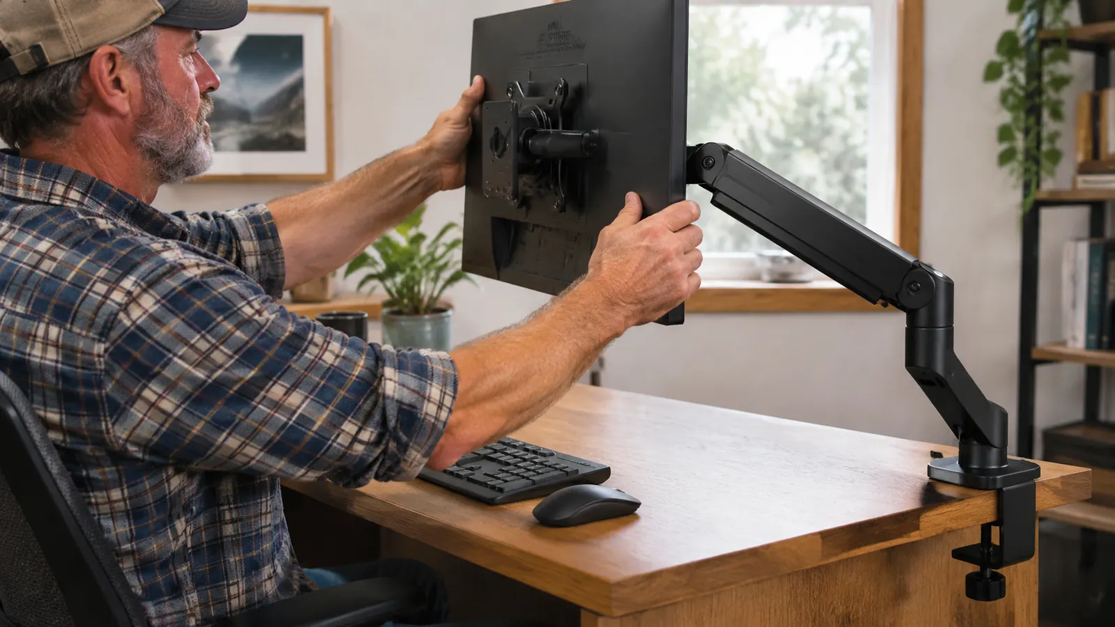 A person adjusting the height of a monitor mounted on a desk arm