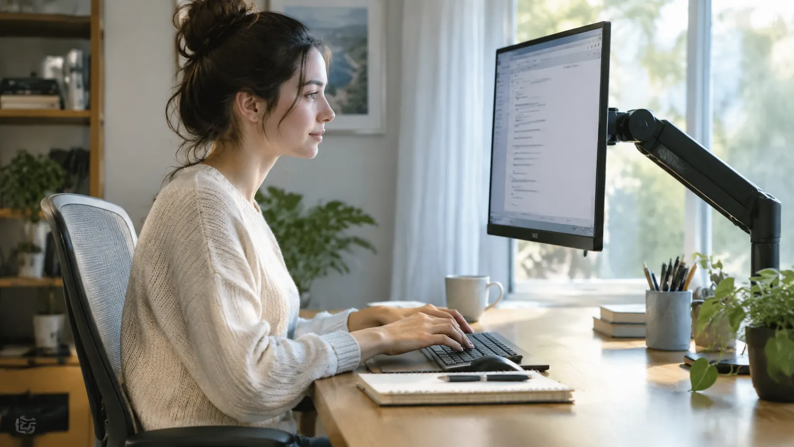 A person working at a desk where the monitor is raised on an arm, leaving the work surface clear