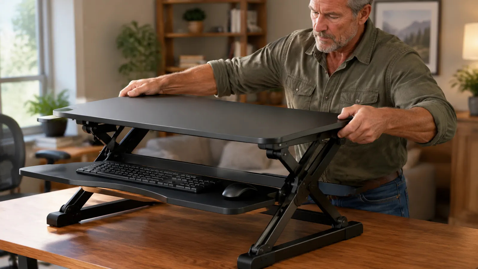 A person with both hands lifting the upper platform of a desk converter from sitting height to standing height