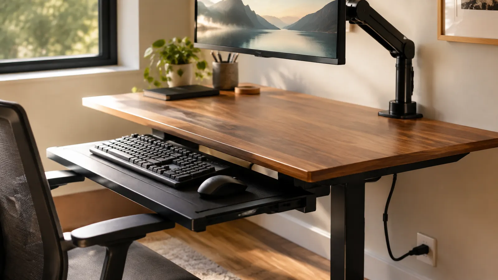 A home office desk with a monitor raised on a converter and a keyboard tray pulled out at a comfortable height