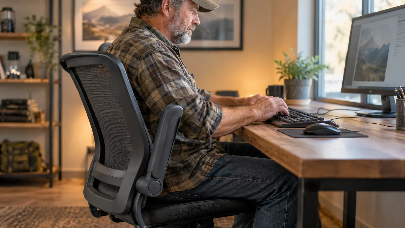 A person typing at a desk with the near armrest of the office chair flipped up out of the way