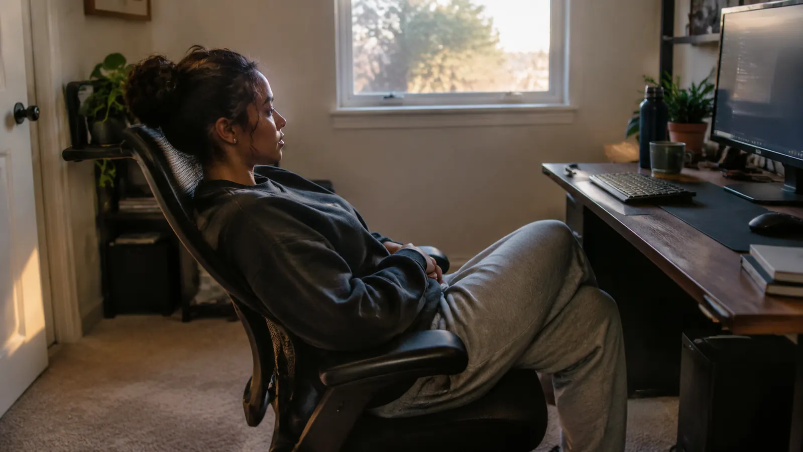 A person leaning back in a high-back mesh office chair while looking at a monitor in a small home office