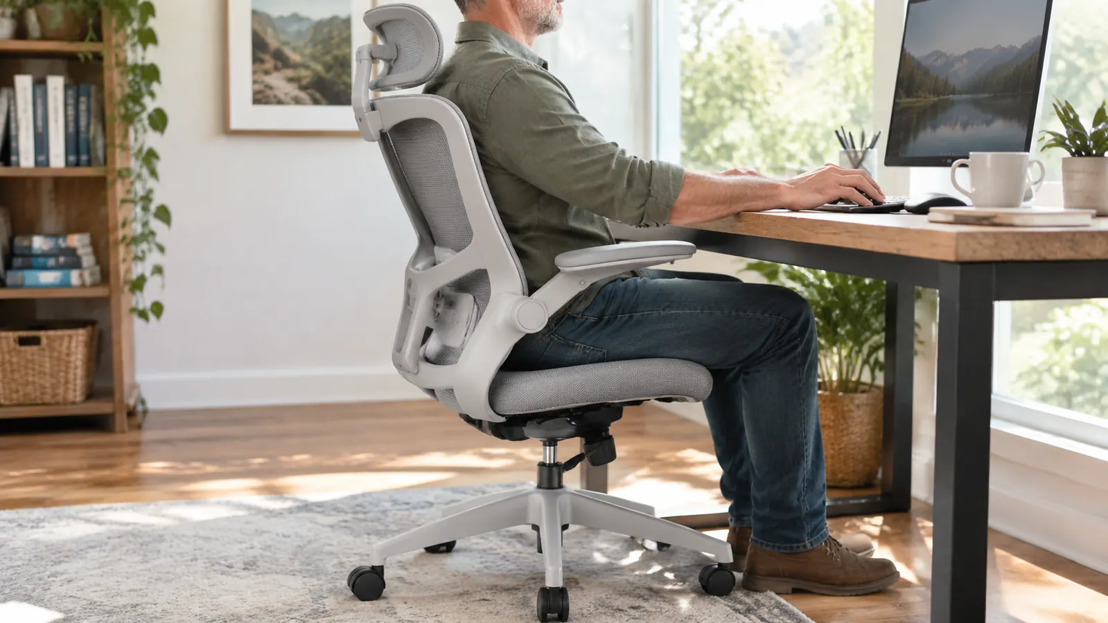 A person sitting at a desk in an ergonomic office chair while typing on a keyboard, seen from the side