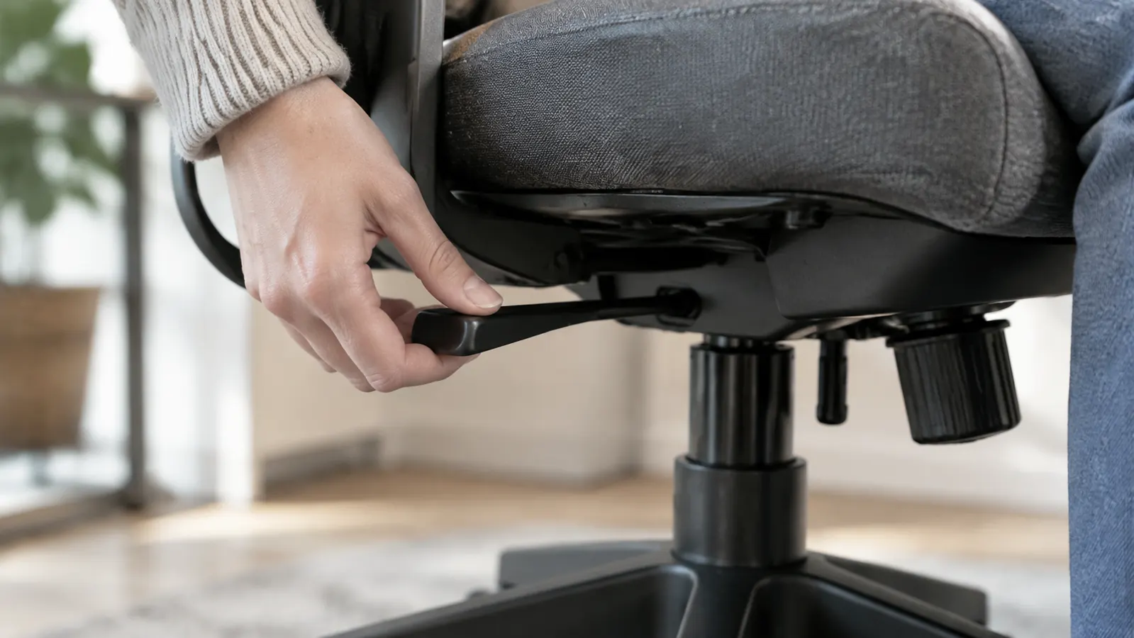 Close-up of a person's hand reaching under the seat of an office chair to adjust a height lever