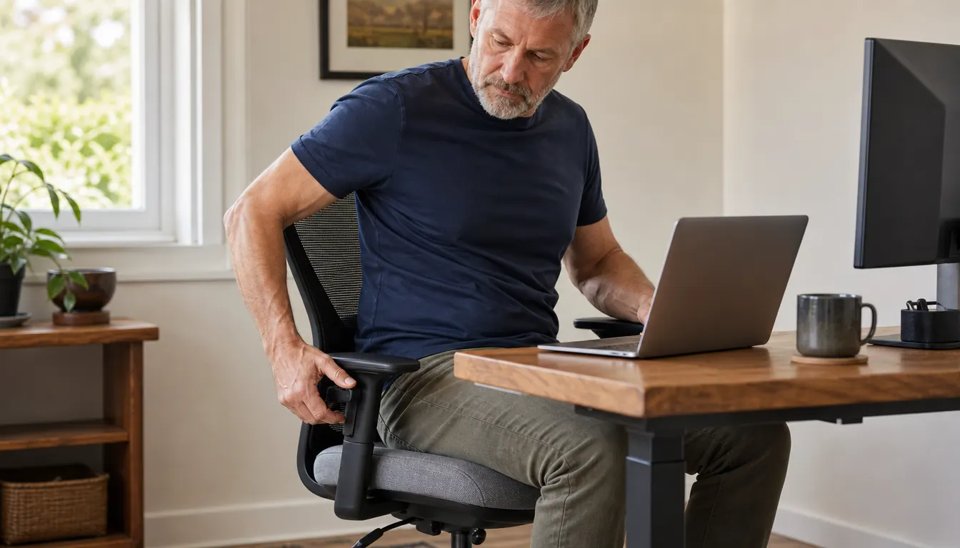 A person seated at a desk, one hand adjusting the armrest of a mesh office chair while the other rests on a keyboard.