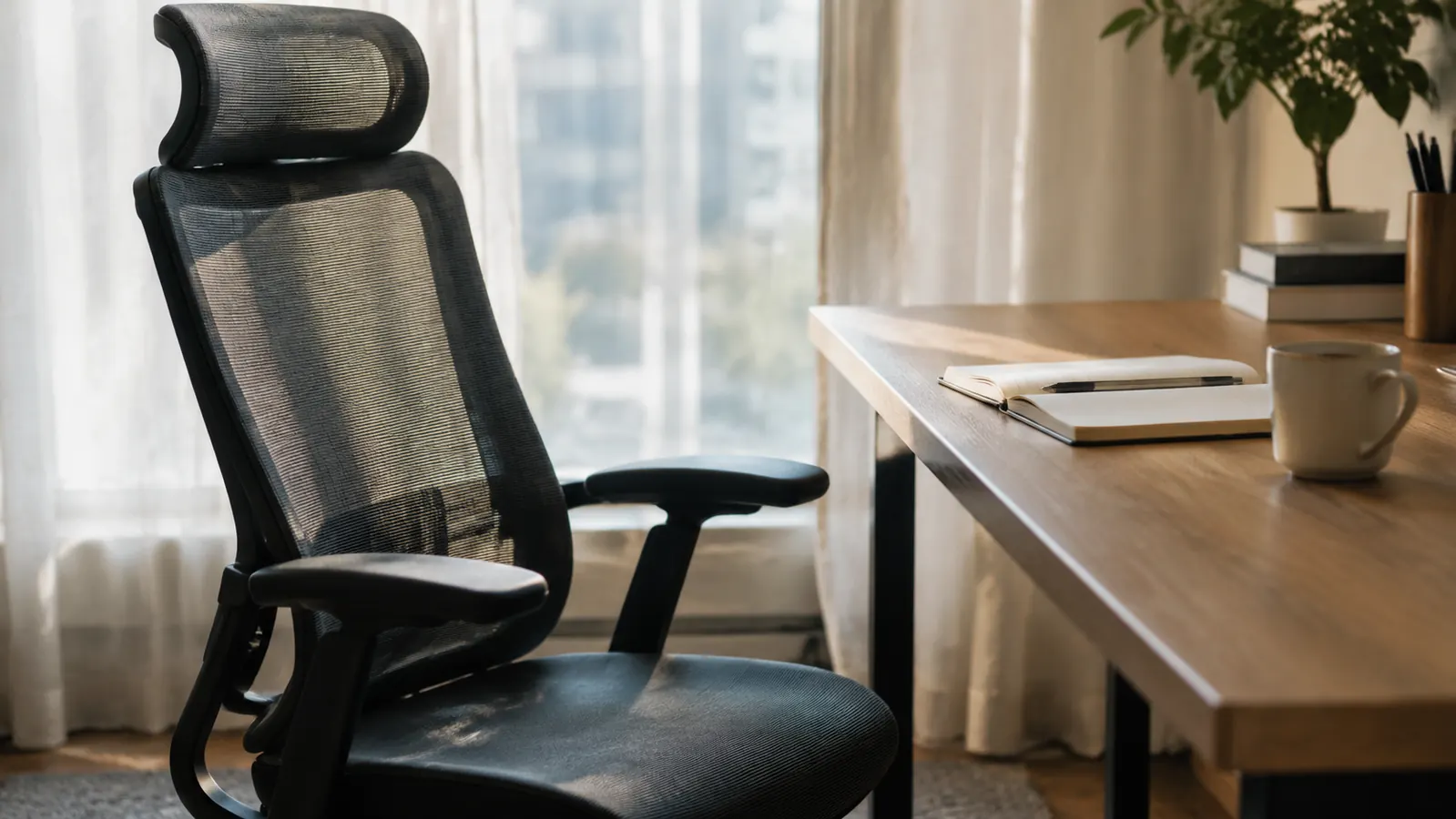 A high-back ergonomic mesh office chair placed beside a desk in a sunlit home office room.