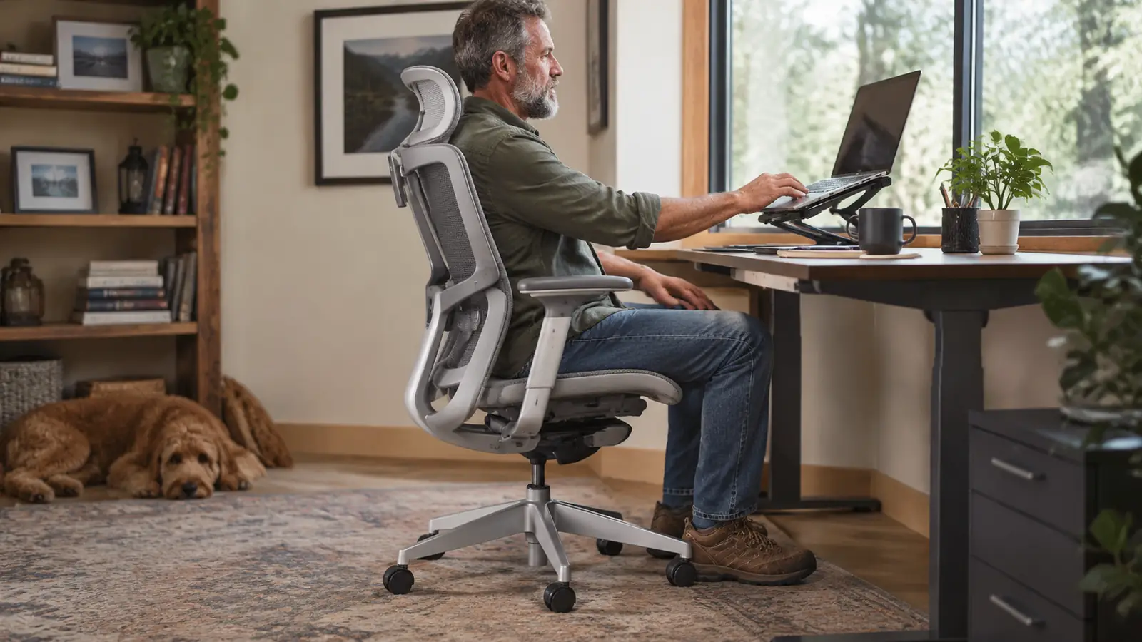 Person seated in a mesh ergonomic office chair reaching for a laptop on a stand