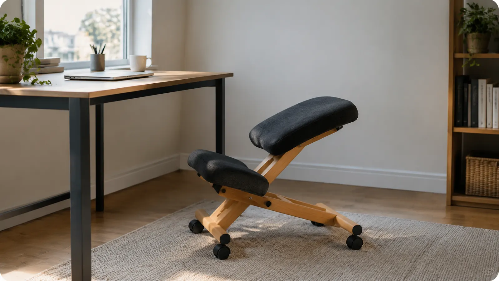 Unoccupied kneeling chair with a sloping seat and padded shin rest beside a desk