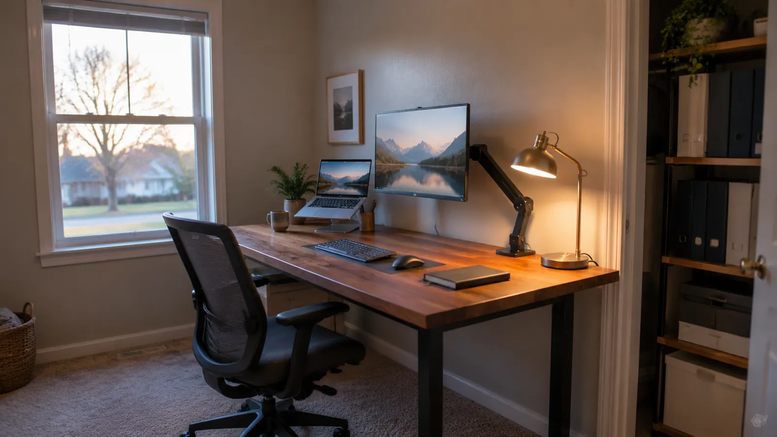 A tidy spare-bedroom desk beside a window, with a monitor on an arm, a laptop on a stand and a desk lamp switched on