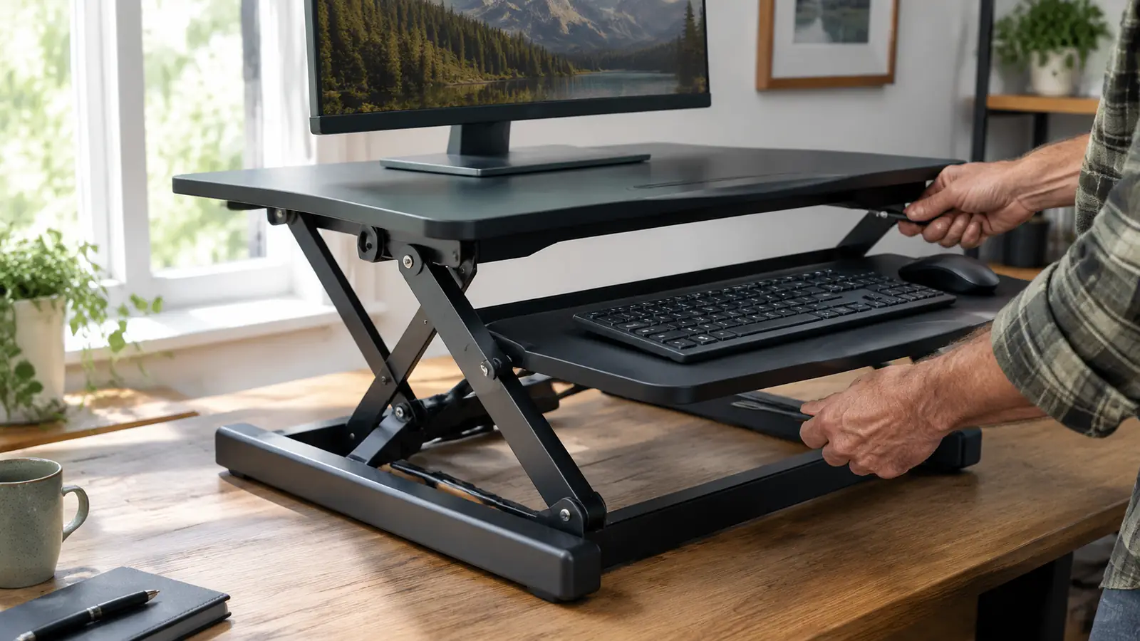 Close view of hands adjusting the height of a desk converter on a desktop with a monitor visible