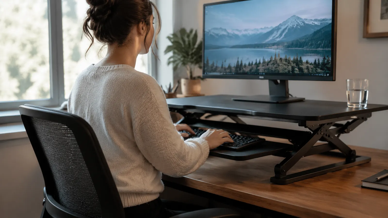 A person seated at a home office desk typing while a sit-stand desk converter is lowered to sitting height