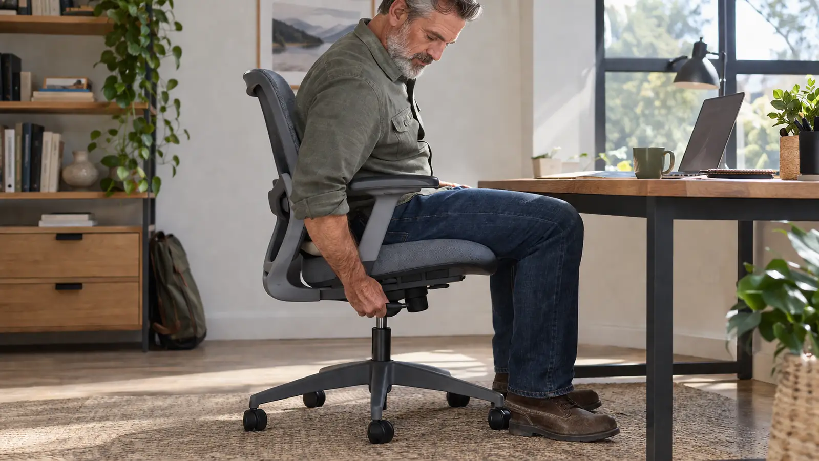 A person seated in an office chair reaches down to the height lever under the seat
