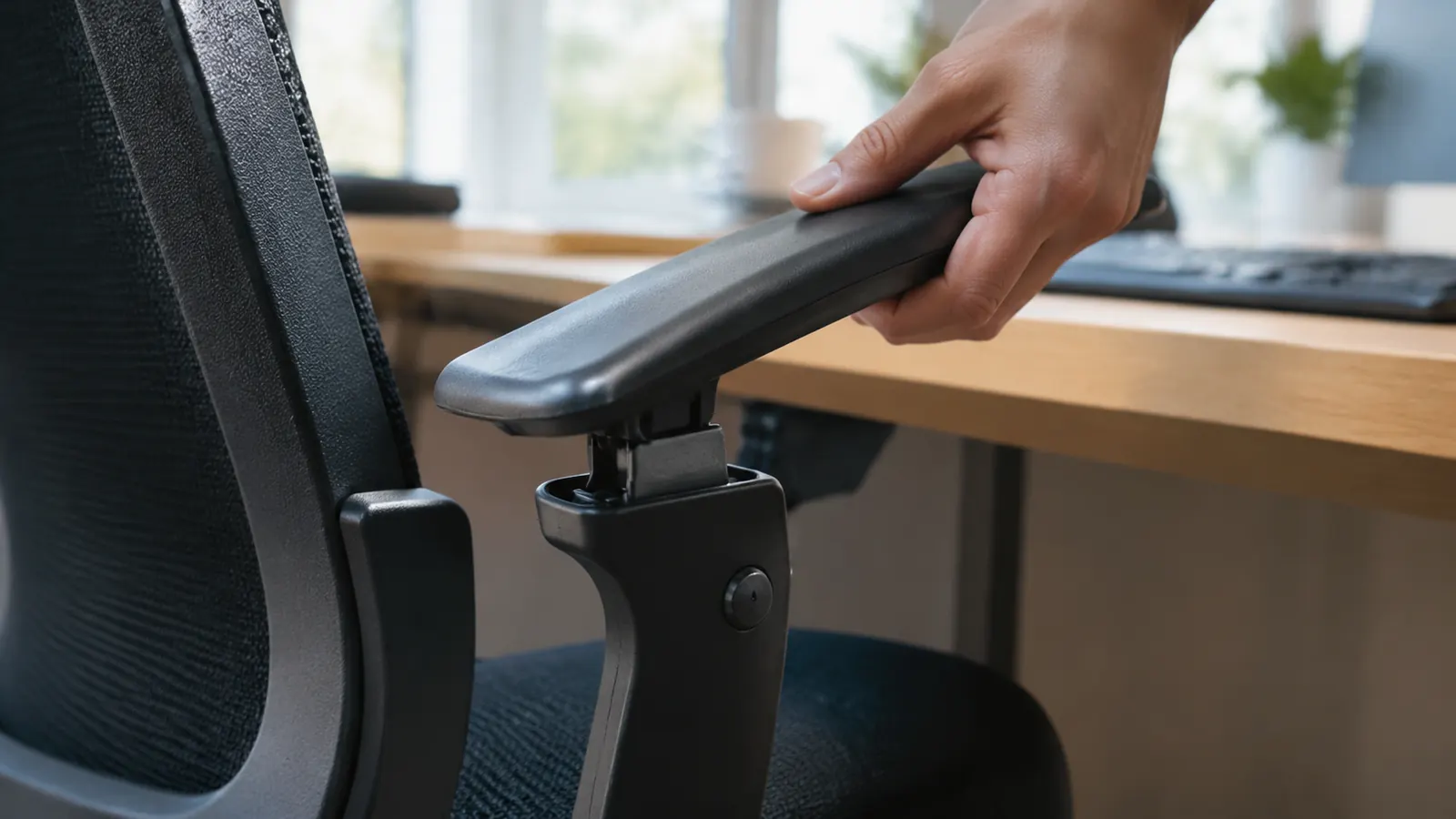 A hand adjusts the armrest of an office chair next to a home desk