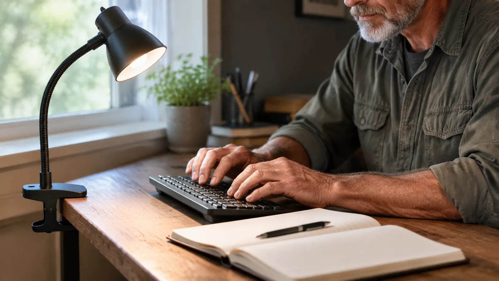 A small clamp lamp attached to the front edge of a desk, angled over a keyboard and an open notebook