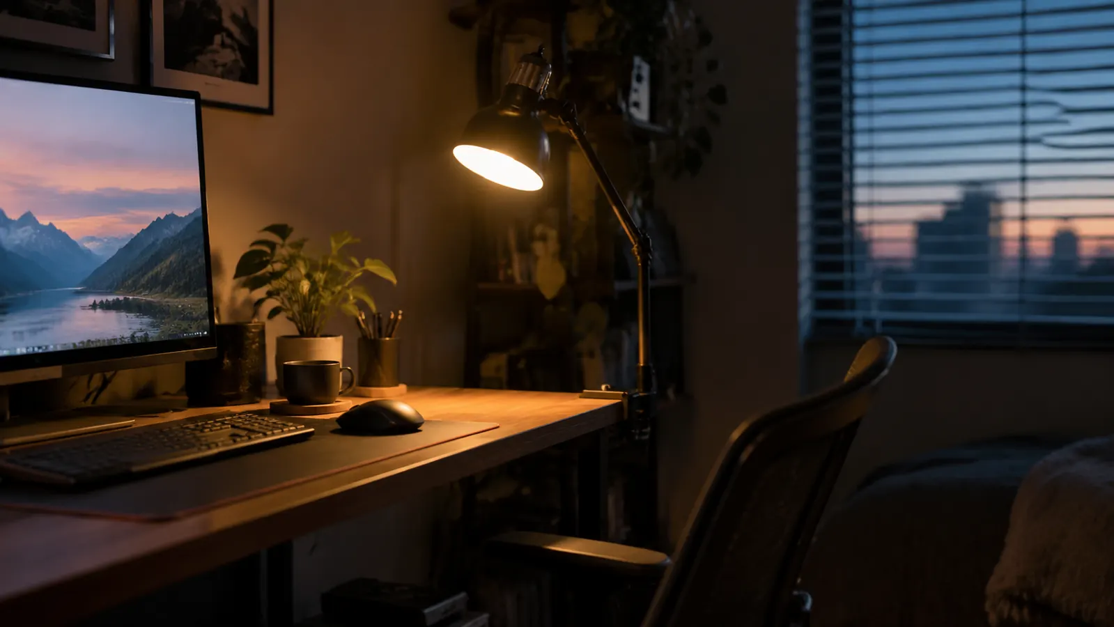 A small clamp desk lamp casting warm light across a desk while a computer monitor glows in a darker room at dusk