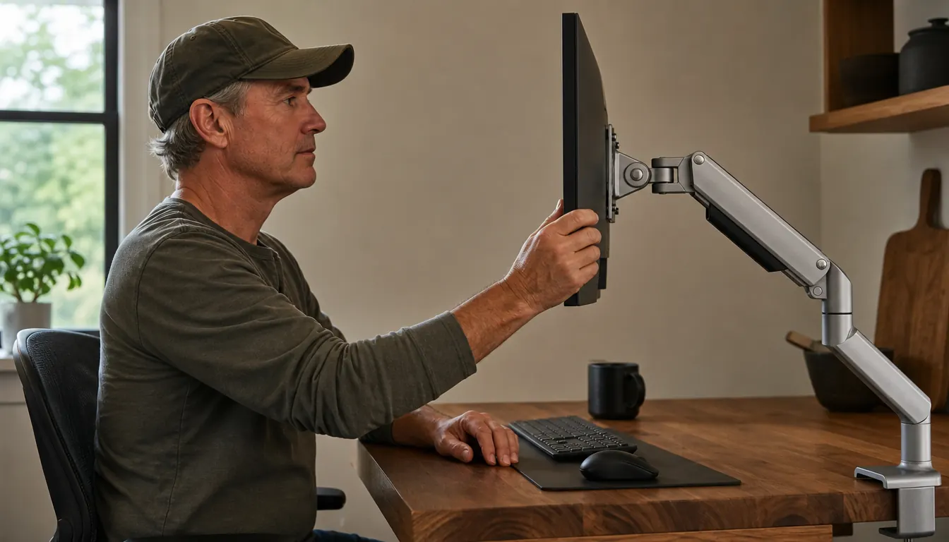 A person seated at a desk adjusting a monitor mounted on an adjustable arm, screen raised to eye level