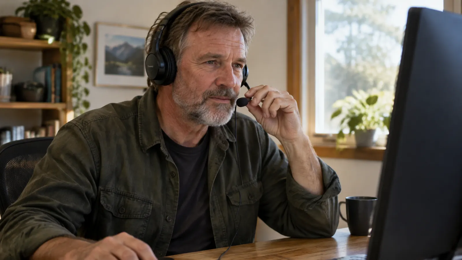 A person at a desk adjusting the microphone of a wired headset