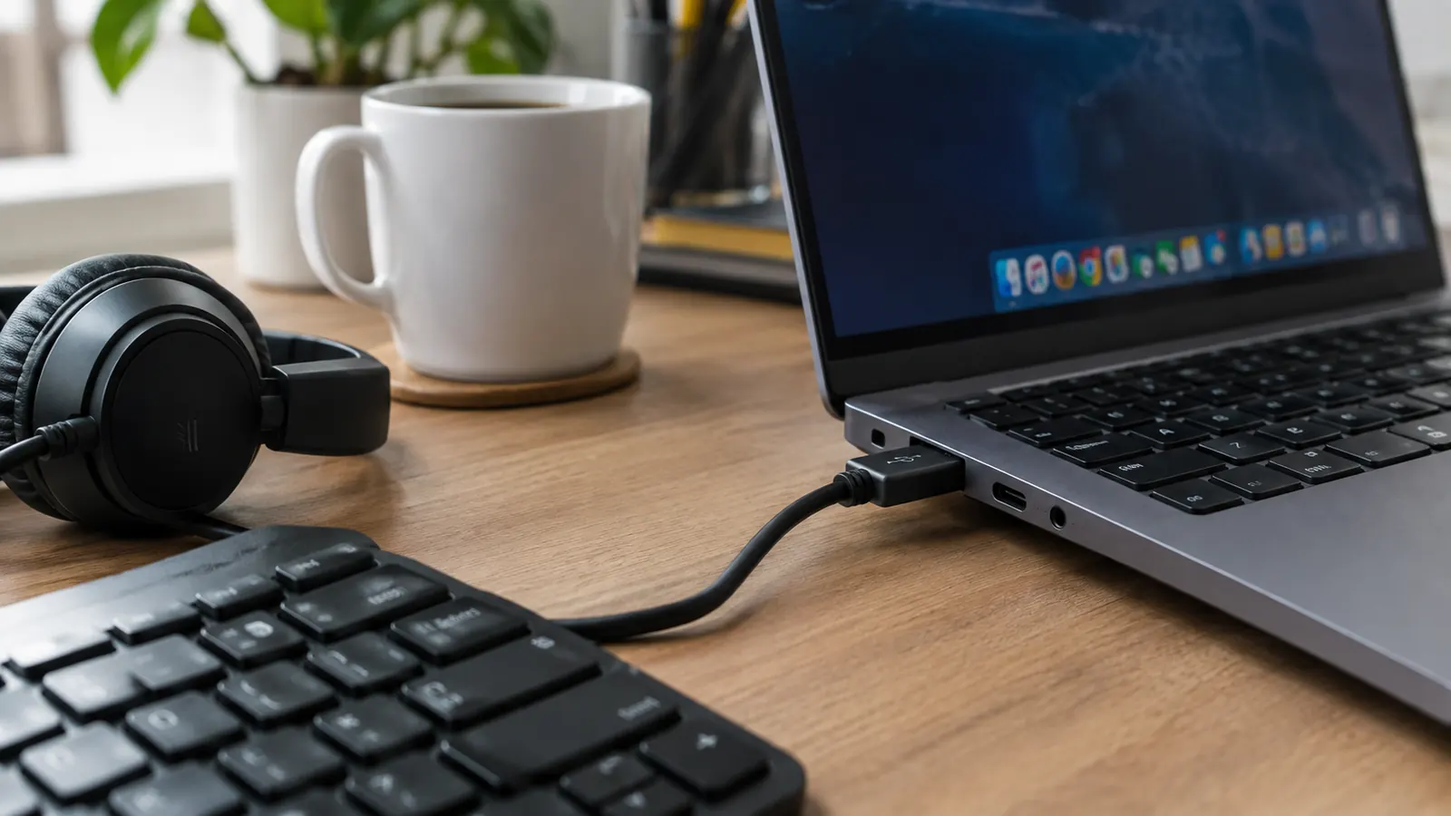 A wired headset plugged into the side of a laptop on a desk