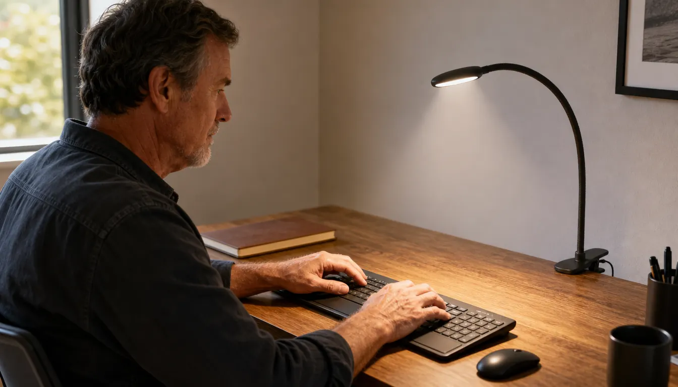 A small clamp lamp attached to the back edge of a desk, shining down on a keyboard and hands.