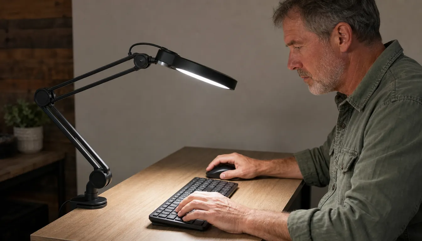A clamp-style desk lamp attached to the front edge of a desk, angled over a keyboard