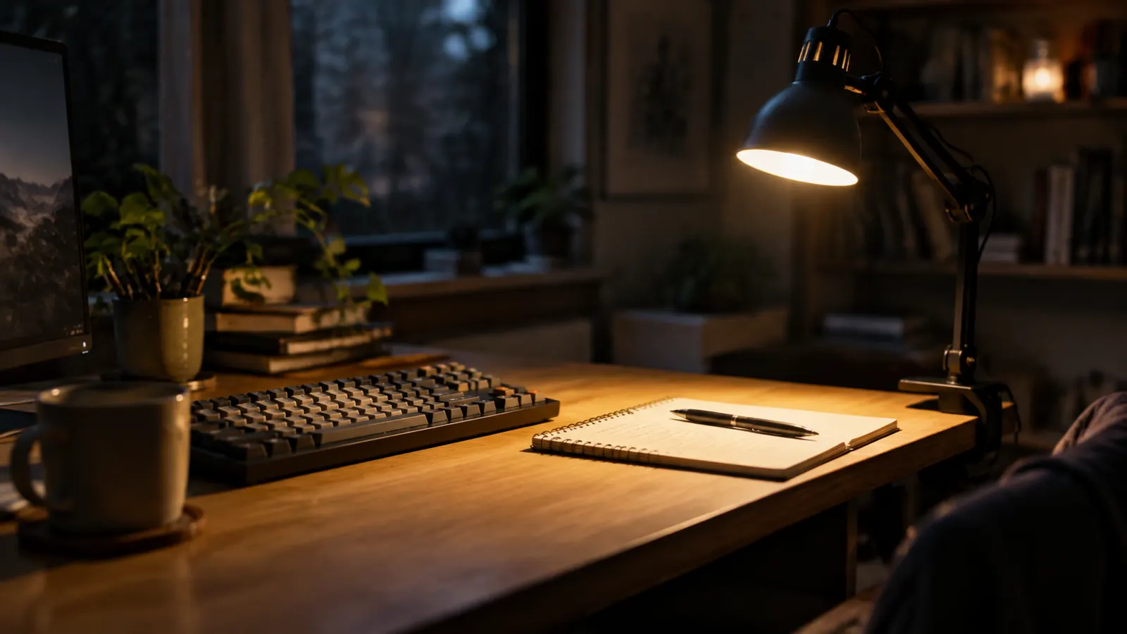 A home office desk at night lit only by a small task lamp