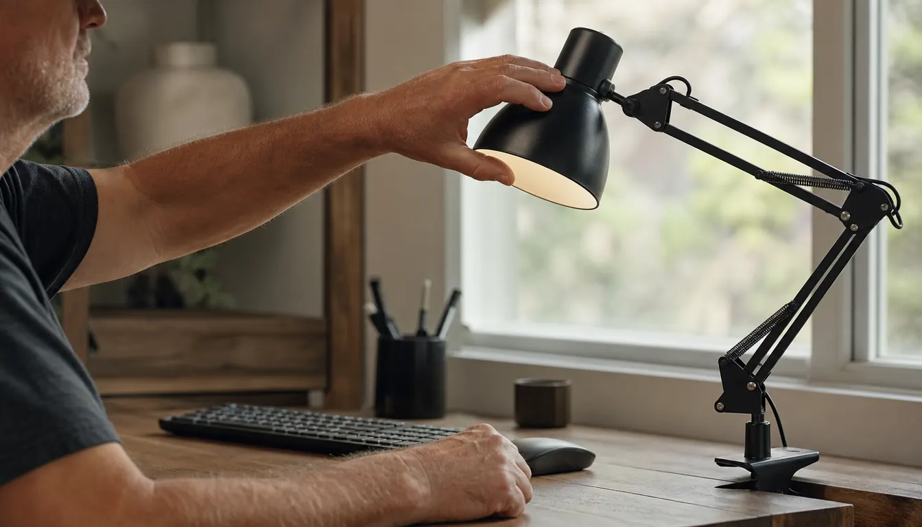 Close up of a hand adjusting the angle of a clamp lamp head over a desk