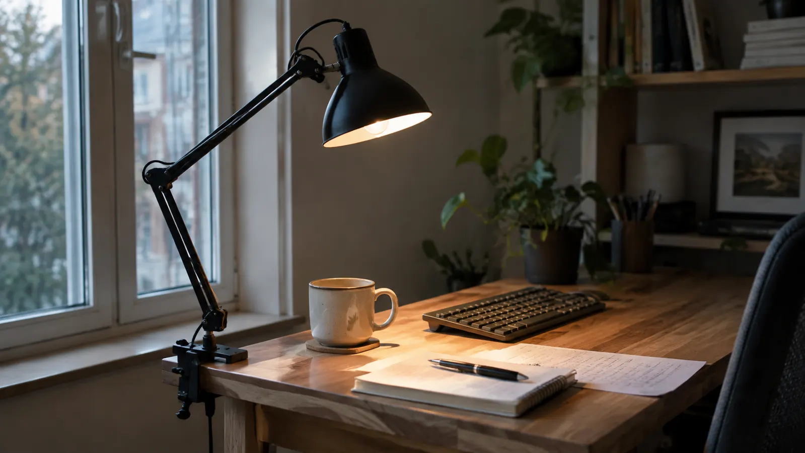 A clamp desk lamp on a desk with a coffee mug and loose papers, showing the light pool on the work surface