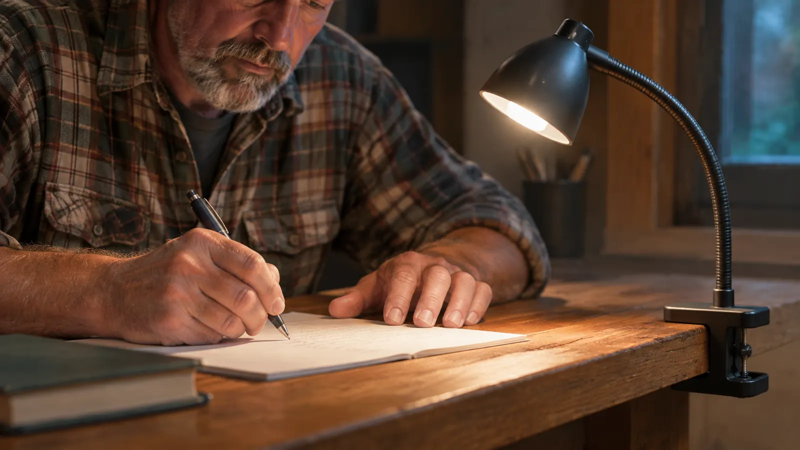 Hands writing in a notebook beside a clamp-style desk lamp