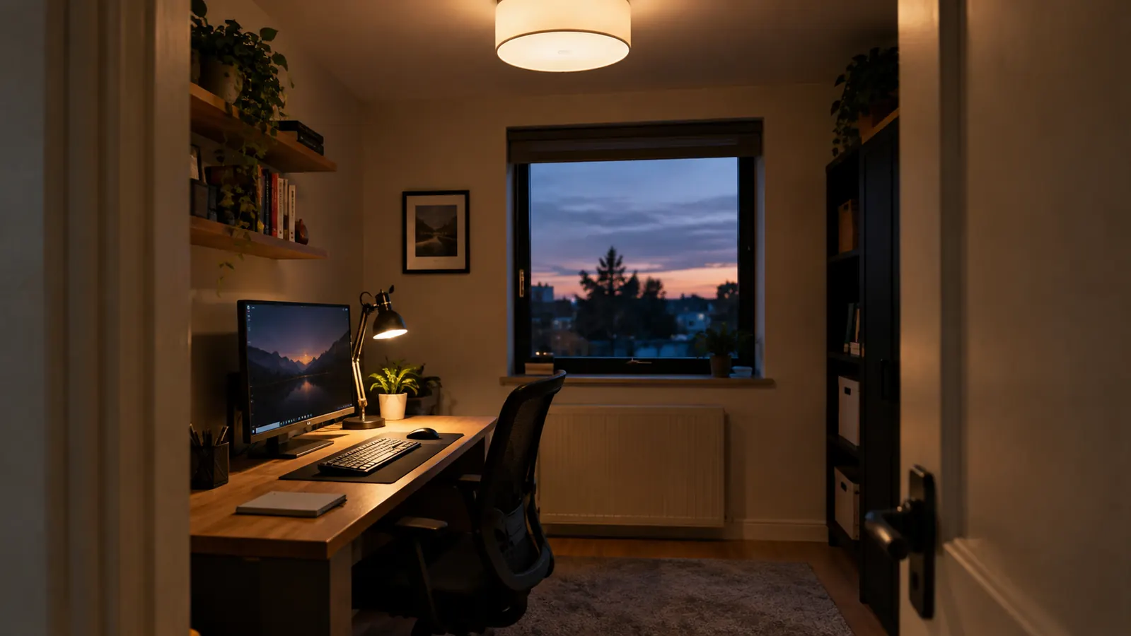 Small office at dusk with both the ceiling light and a desk lamp turned on