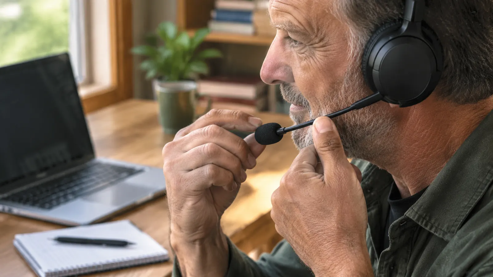 A person at a desk adjusting the microphone boom of a wired USB headset before a video call.