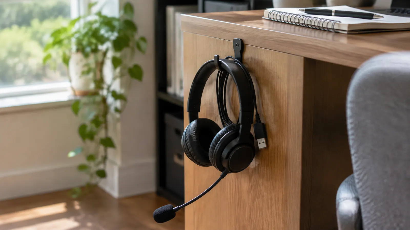 A wired headset hanging on a small hook at the side of a home office desk with a notebook nearby.