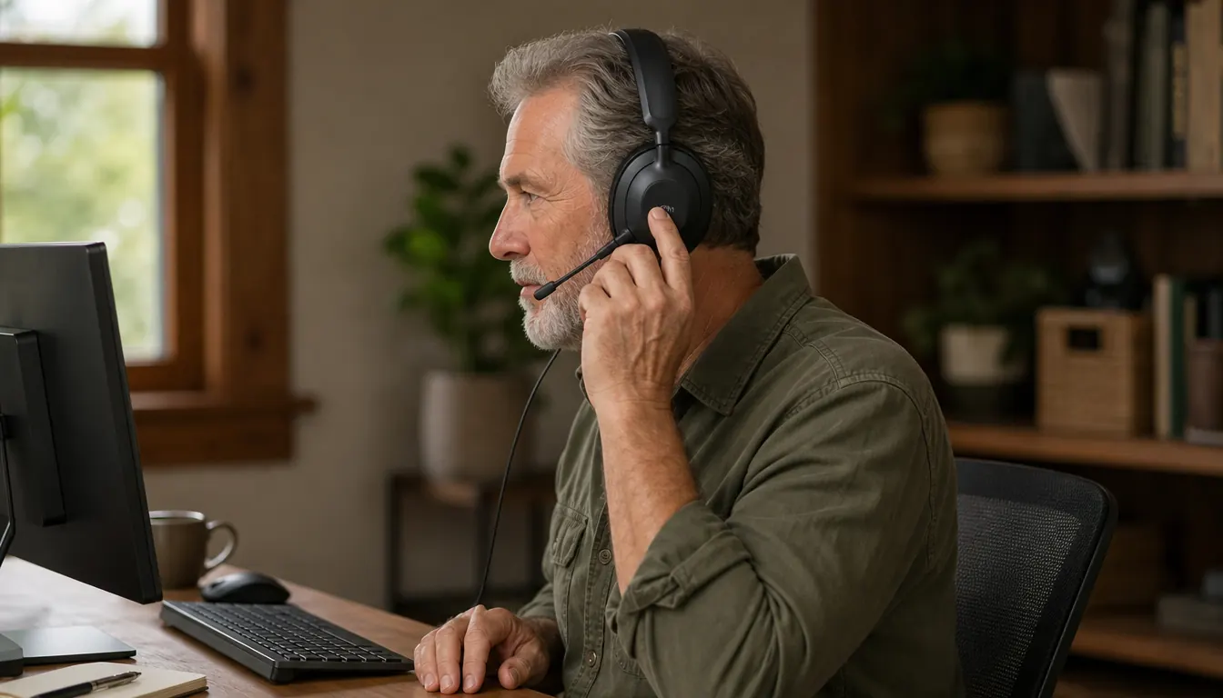 A person adjusting a wired headset while holding a phone to one ear at a desk