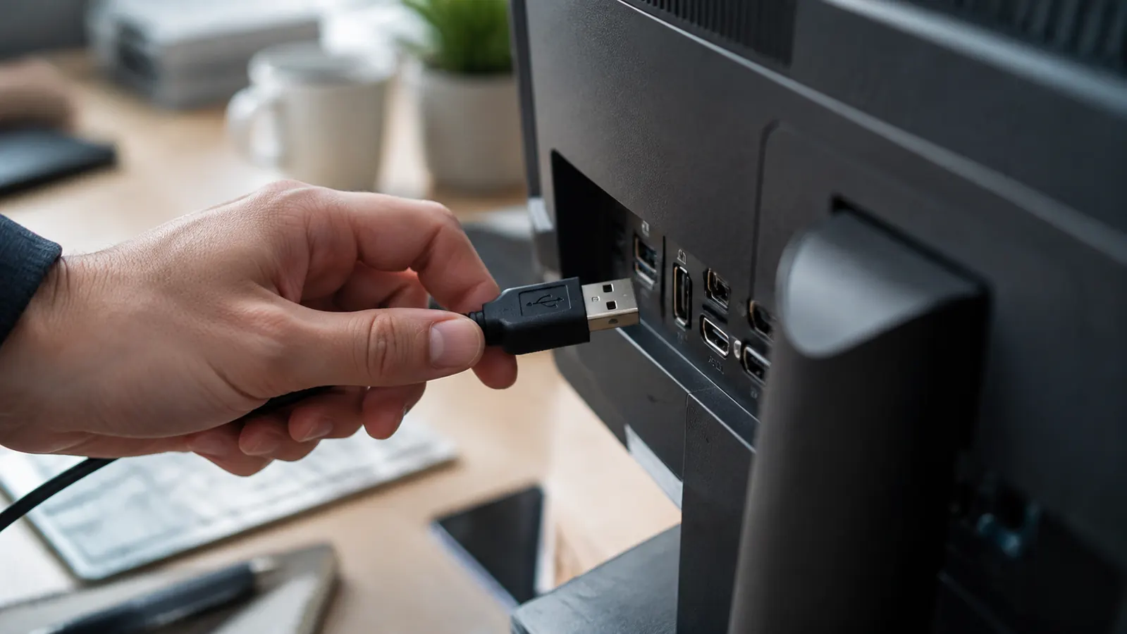 A hand plugging a USB-A connector into the back of a monitor on a desk