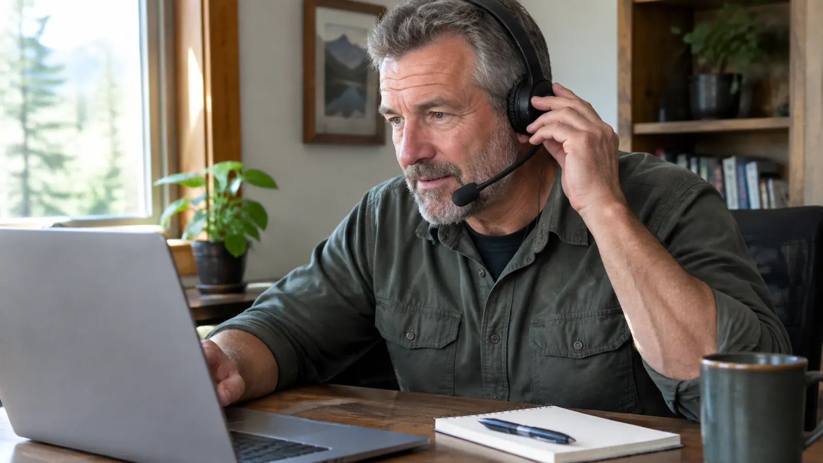 Close-up of a person wearing the Logitech H390 headset and adjusting one earcup at a desk.