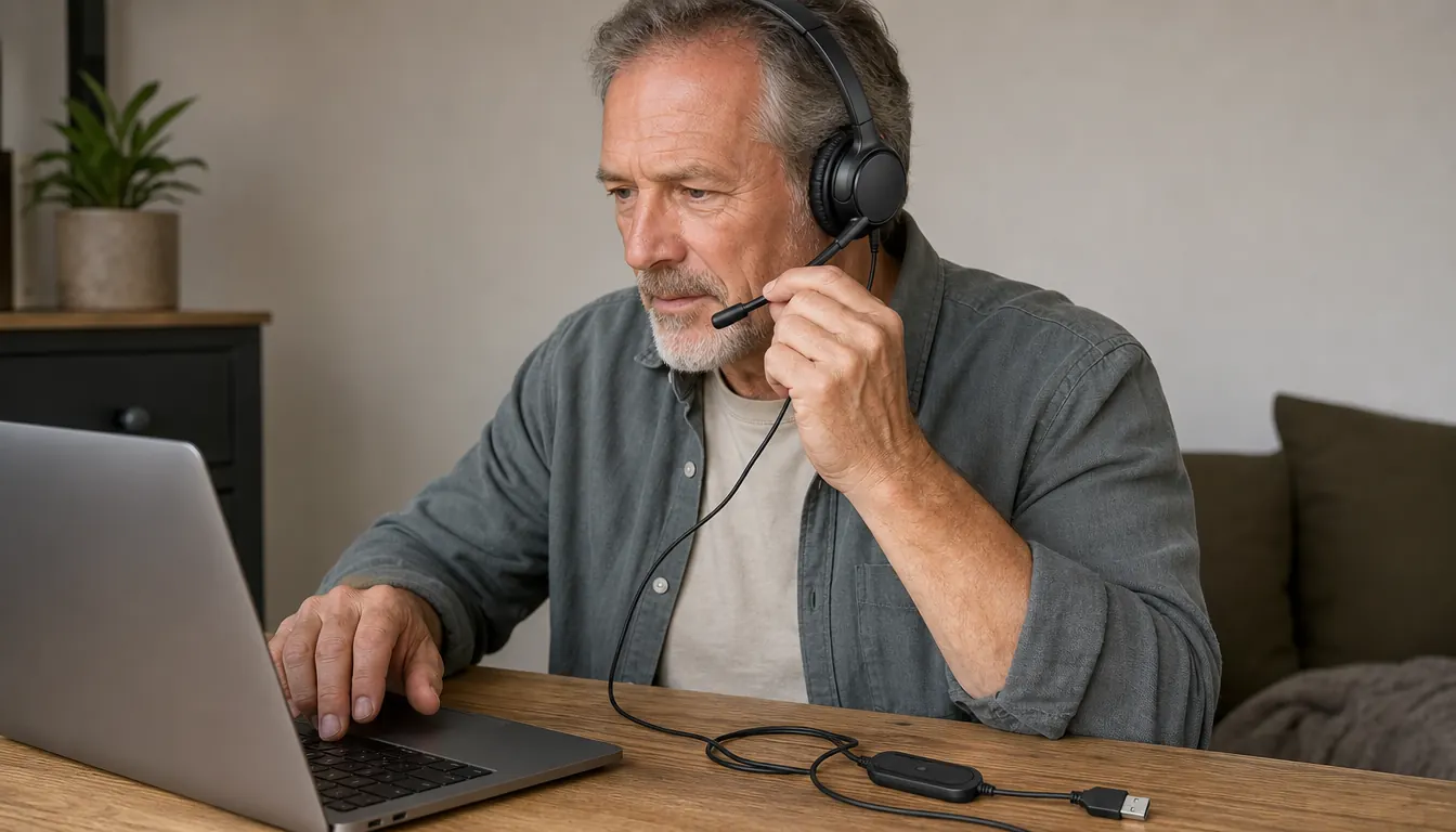 Hand reaching toward the microphone boom on a wired USB headset plugged into a laptop on a stand