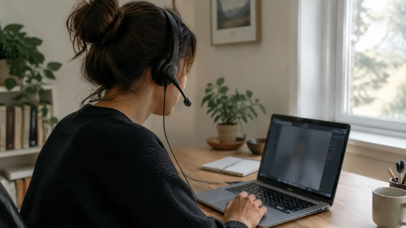 Person wearing a wired USB headset during a call in a small home office, laptop open in front of them