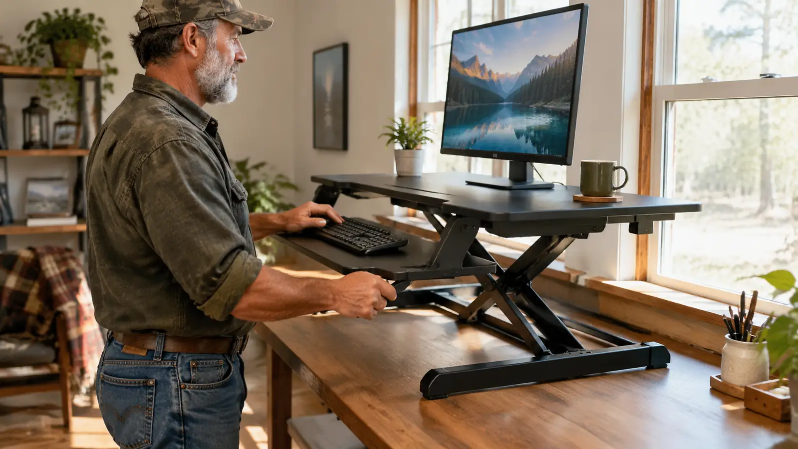 A person standing at a home office desk with the keyboard tray and monitor both lifted on the desk converter