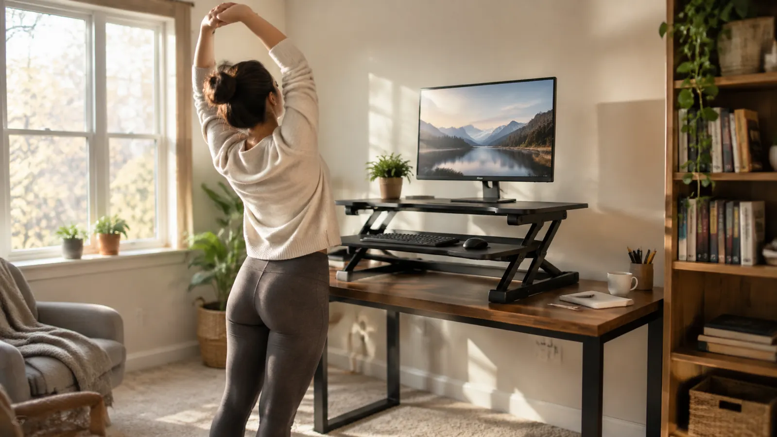 A person standing and stretching at a desk near a window in the late afternoon with a raised desk converter under the monitor