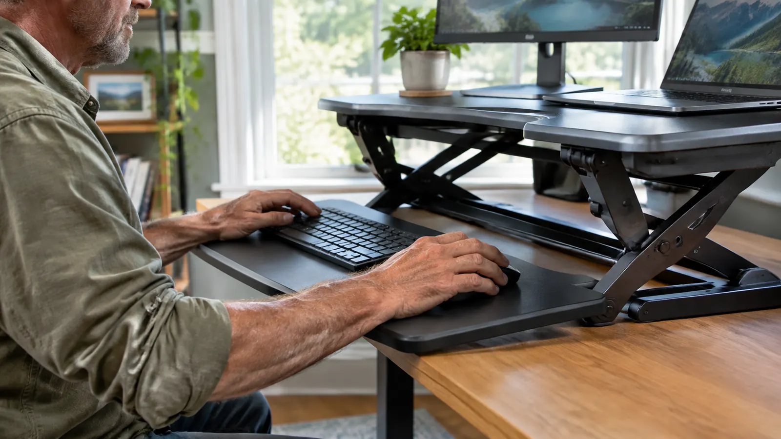 Hands adjusting a keyboard tray on a desk converter while a person sits at a home office desk