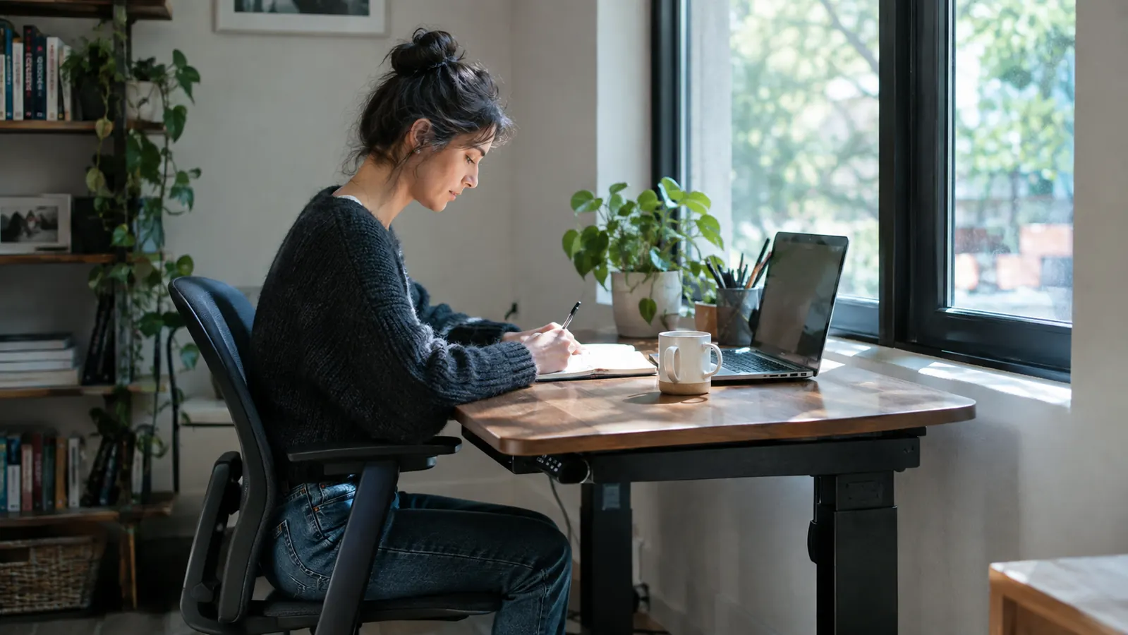 A person sitting at a home office desk with a sit stand converter lowered, taking notes with a pen and notebook, calm daylight