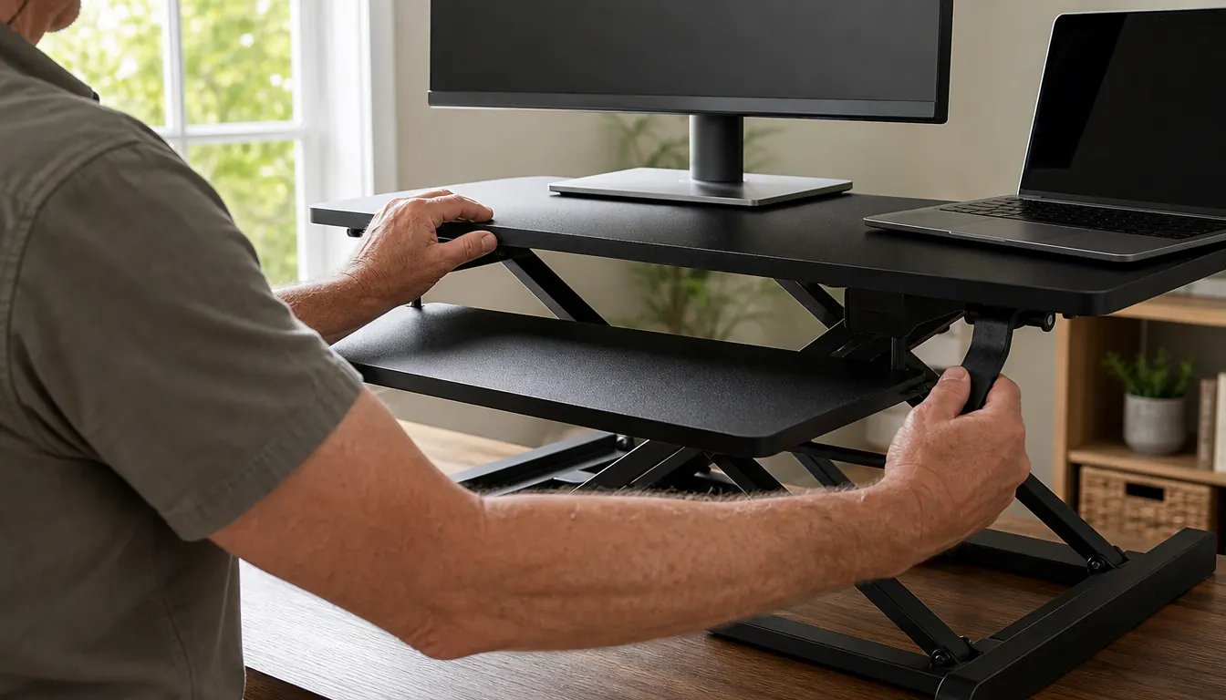 A person's hands adjusting the height lock under a desk converter while a monitor and keyboard sit at desk level.