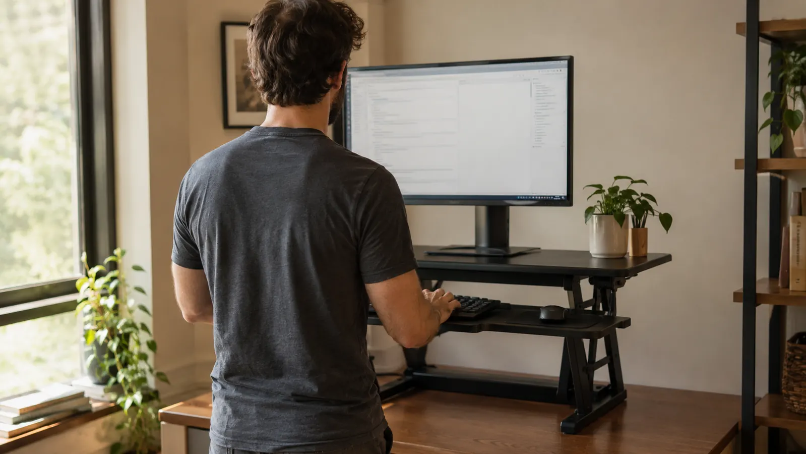 A person seen from behind standing and typing at a raised desk converter in a home office.