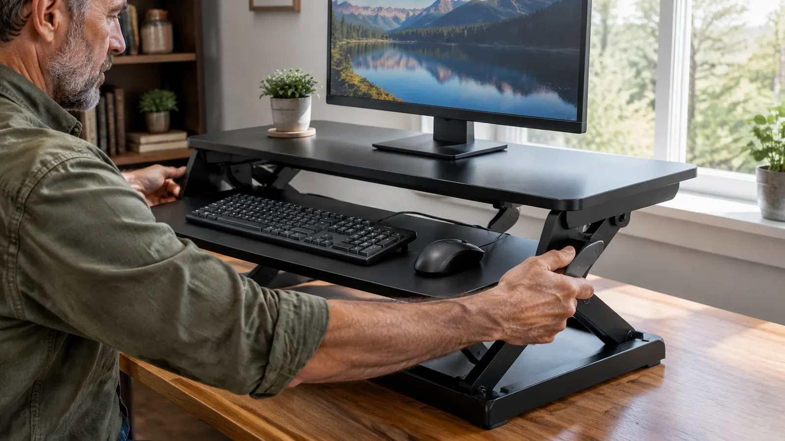 Hands adjusting the height handle of a desk converter on a wooden desk
