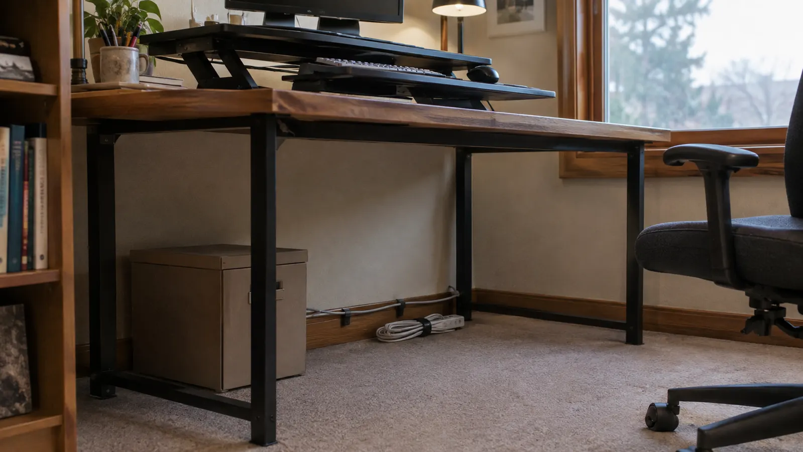 A home office desk with a sit-stand converter and a storage box and power strip tucked underneath