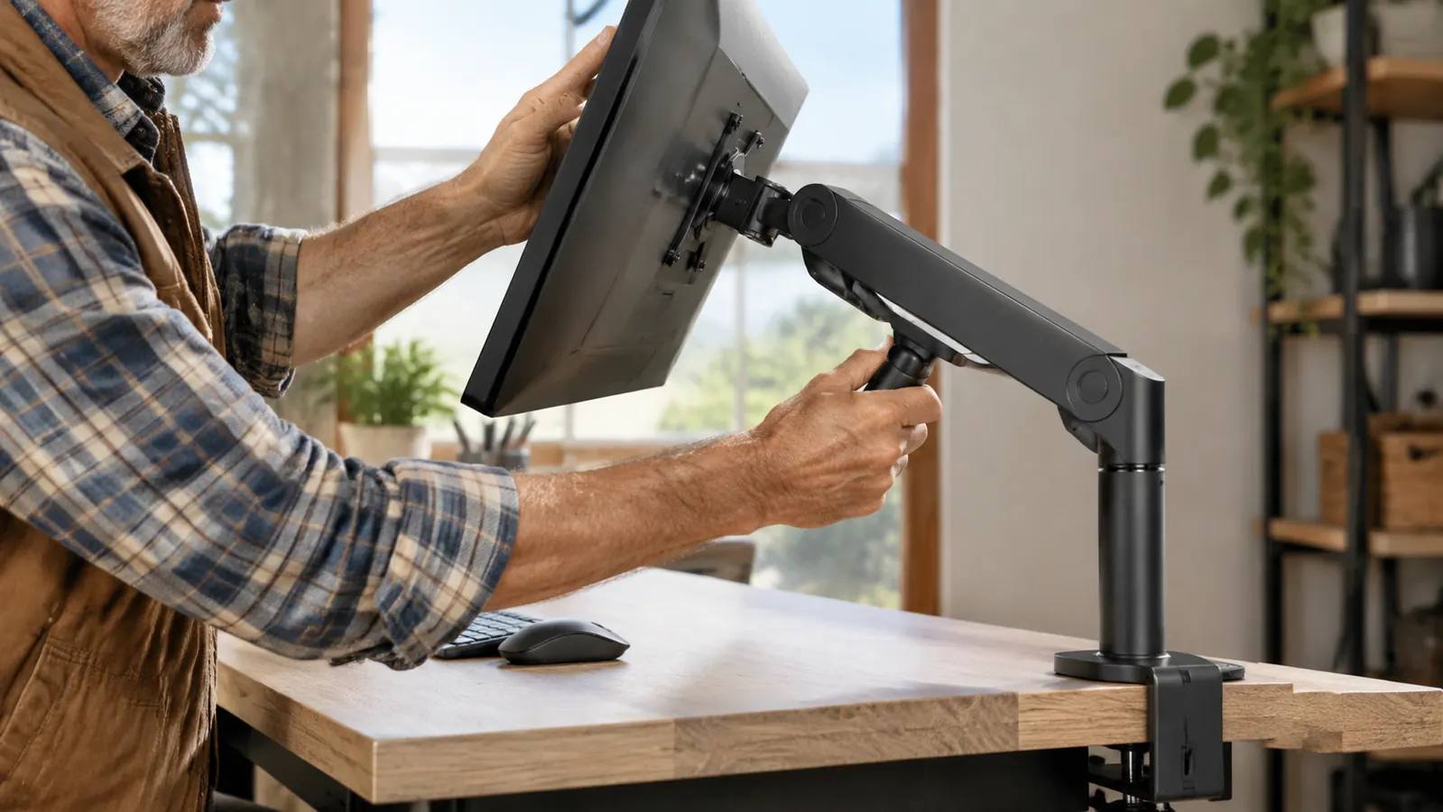 A person's hands adjusting a monitor mounted on an arm
